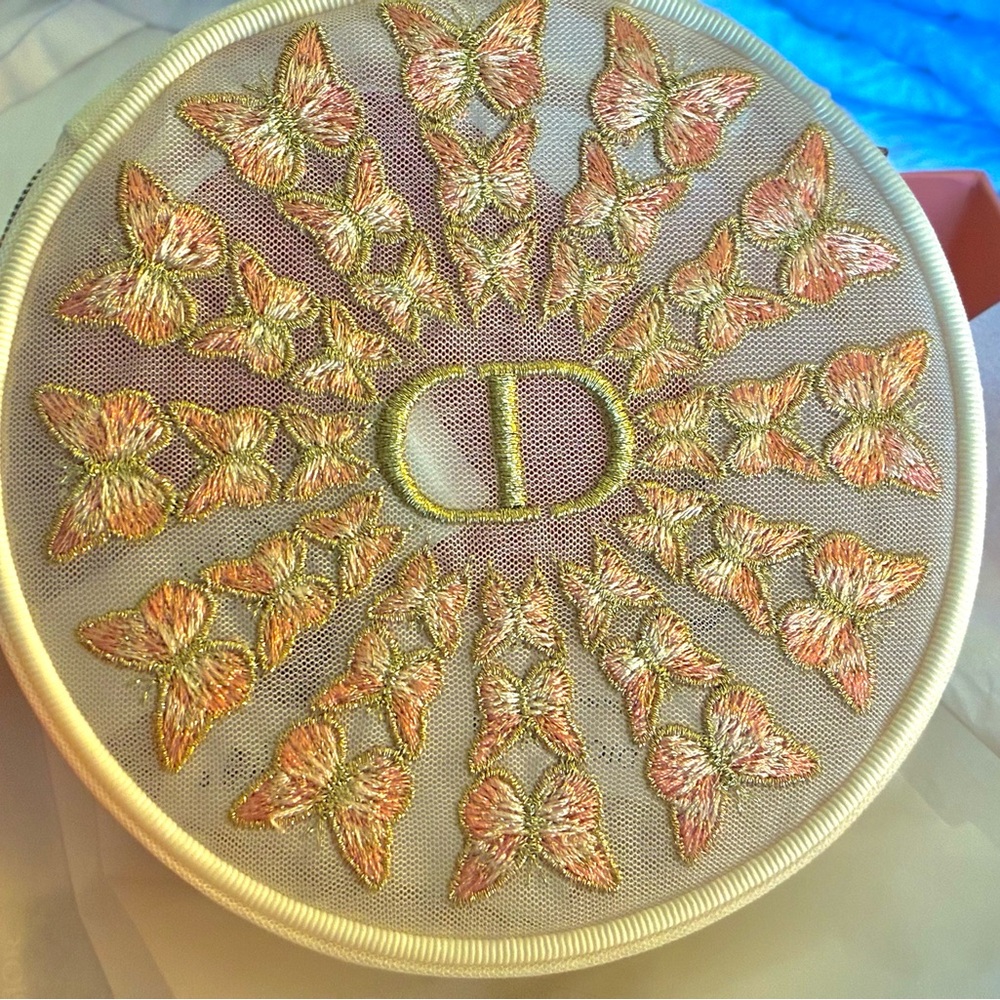 Dior Embroidered Butterfly Round Cosmetic Case in Pink and Gold - Picture 2 of 10